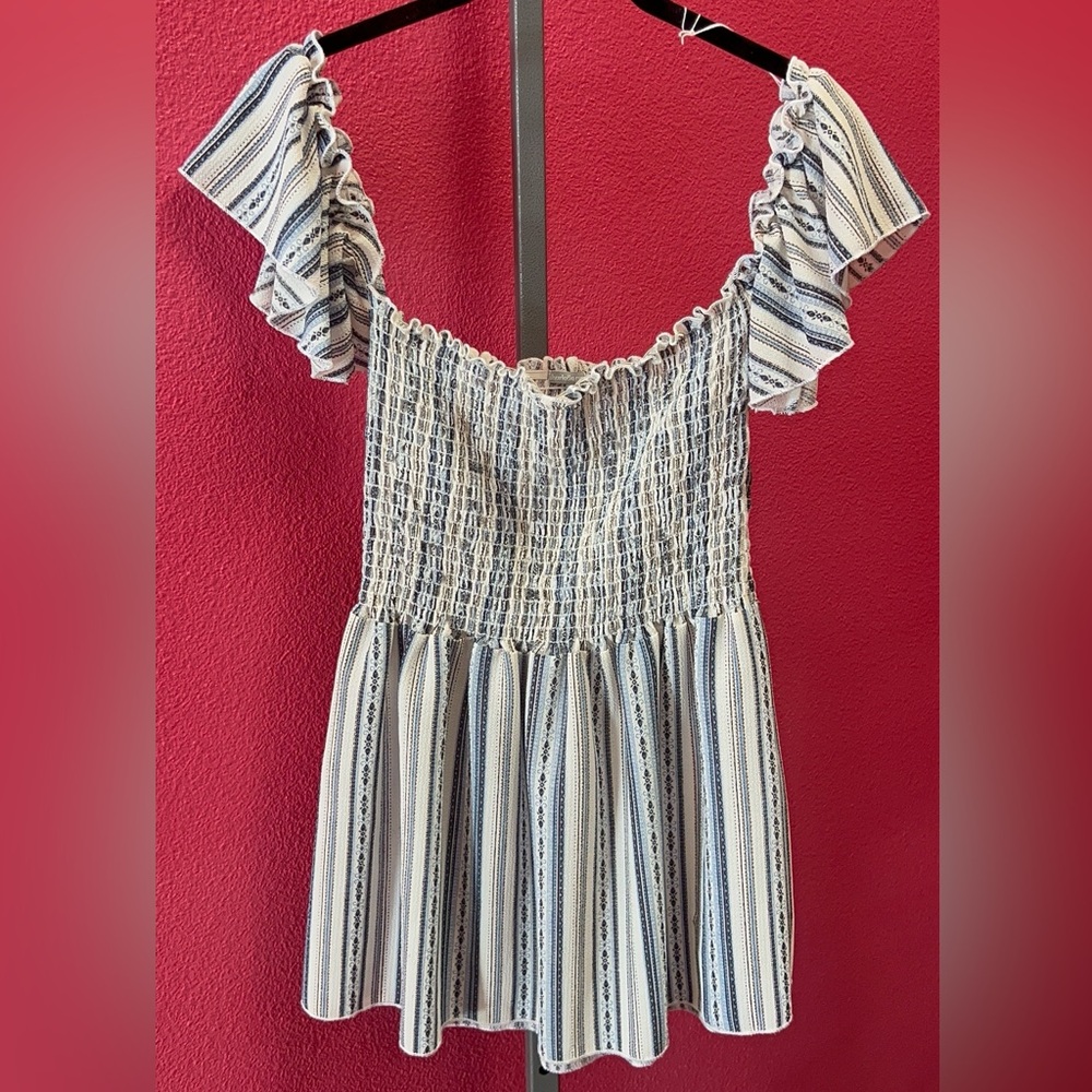 Charlotte Russe Blue and White Striped Smocked Off-Shoulder Top